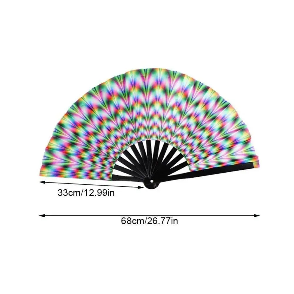 UV fluorescent handheld folding fan with a rainbow color pattern