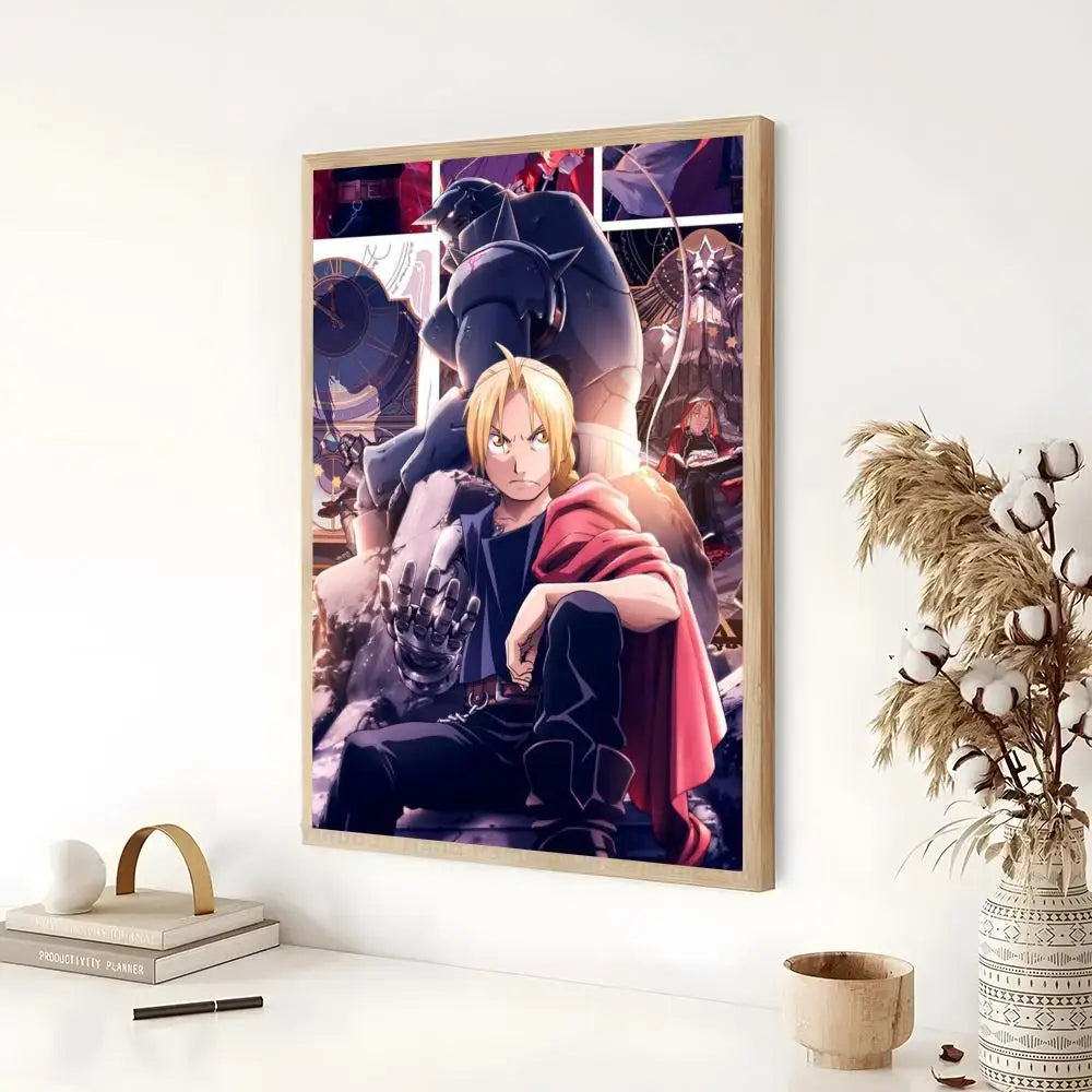 A vertical poster featuring characters from Fullmetal Alchemist anime in a dark, dramatic style.