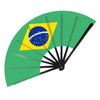 A folding cheering fan with a green canopy featuring the Brazilian flag design.