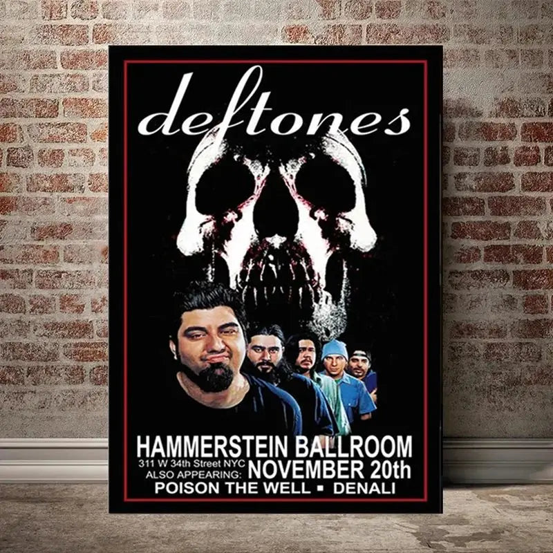 A black poster featuring a skull graphic and text for a Deftones concert at Hammerstein Ballroom on November 20th.