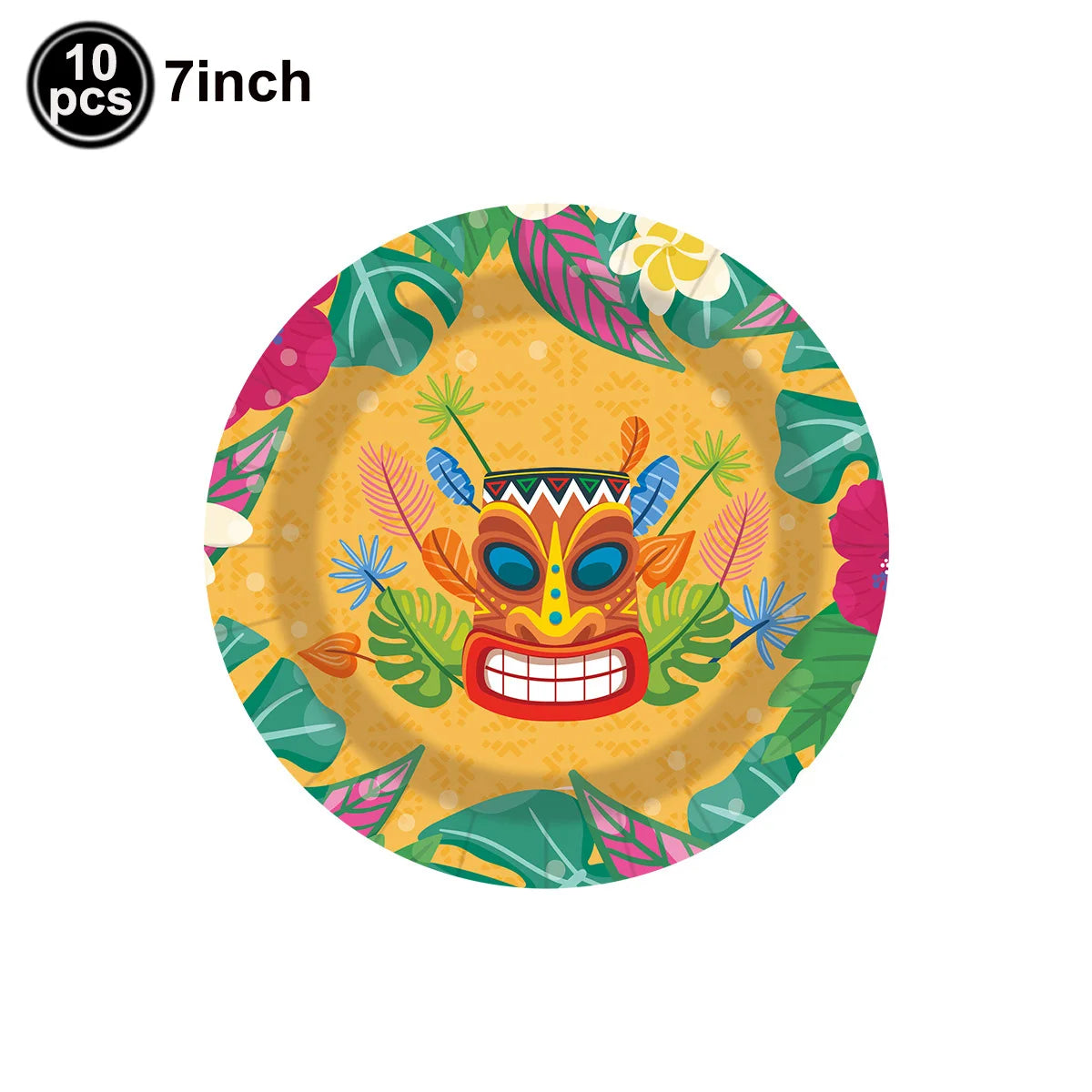 A circular plate featuring a colorful illustration of a tiki mask surrounded by tropical leaves and flowers.