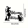 Black silhouette of a witch with a pointed hat and a black cat, suitable for wall art.
