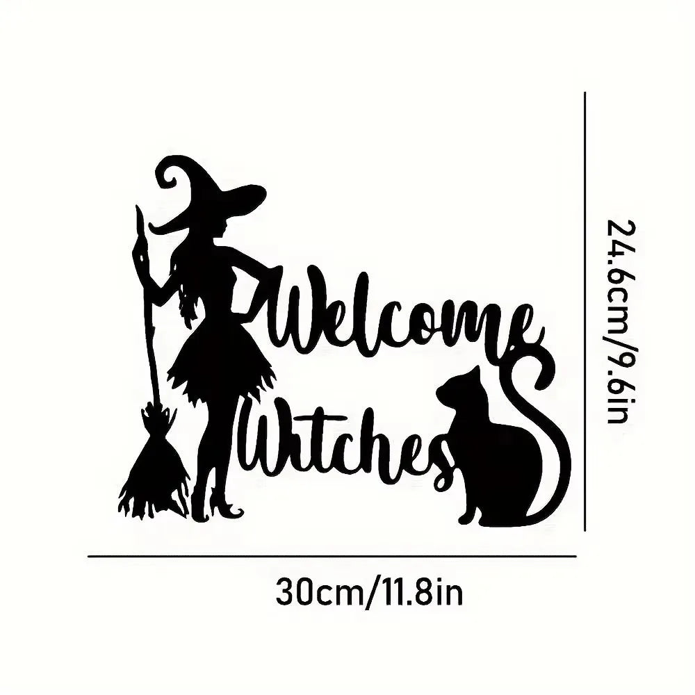 Black silhouette of a witch with a pointed hat and a black cat, suitable for wall art.
