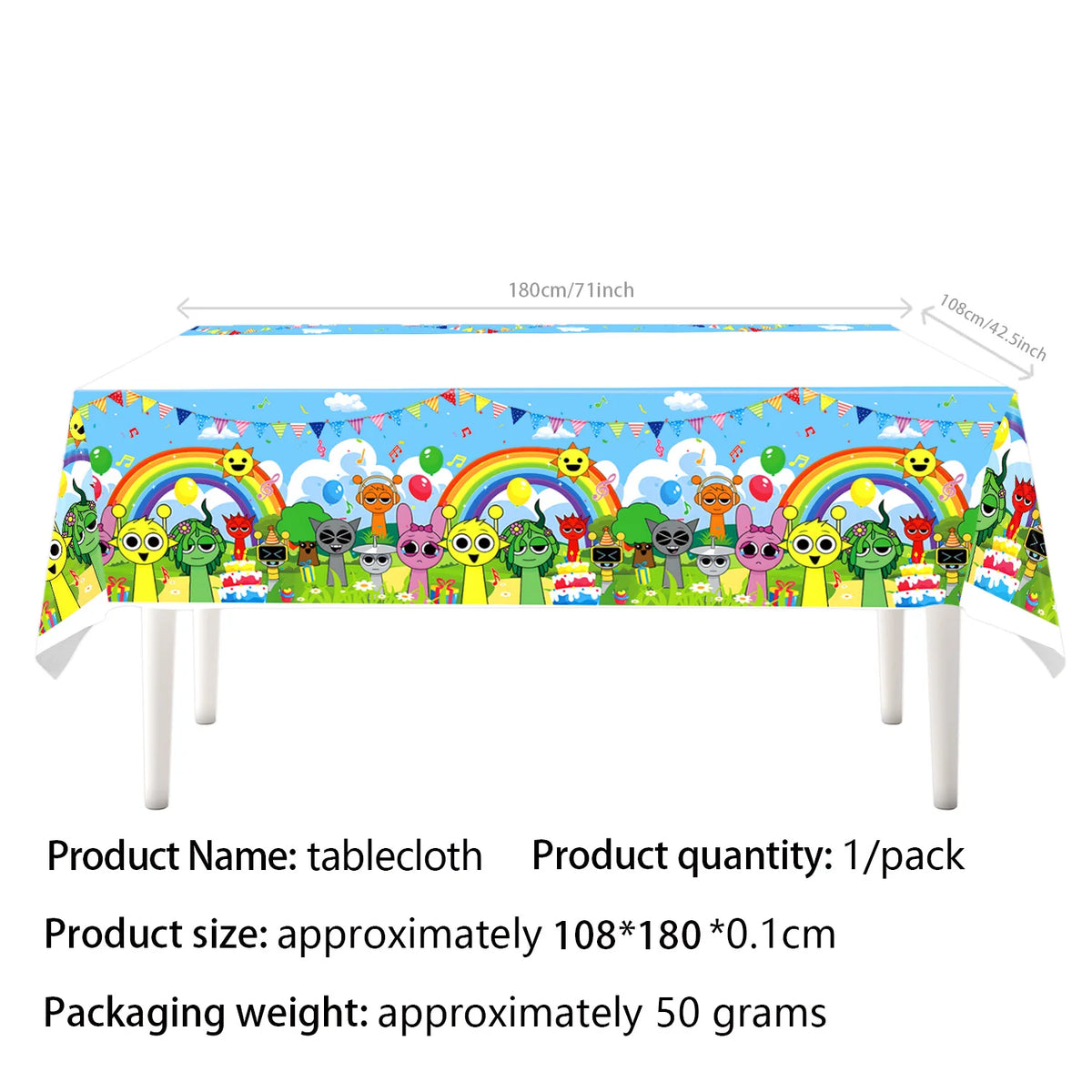 Colorful fabric tablecloth featuring cartoon characters and rainbows for a birthday party