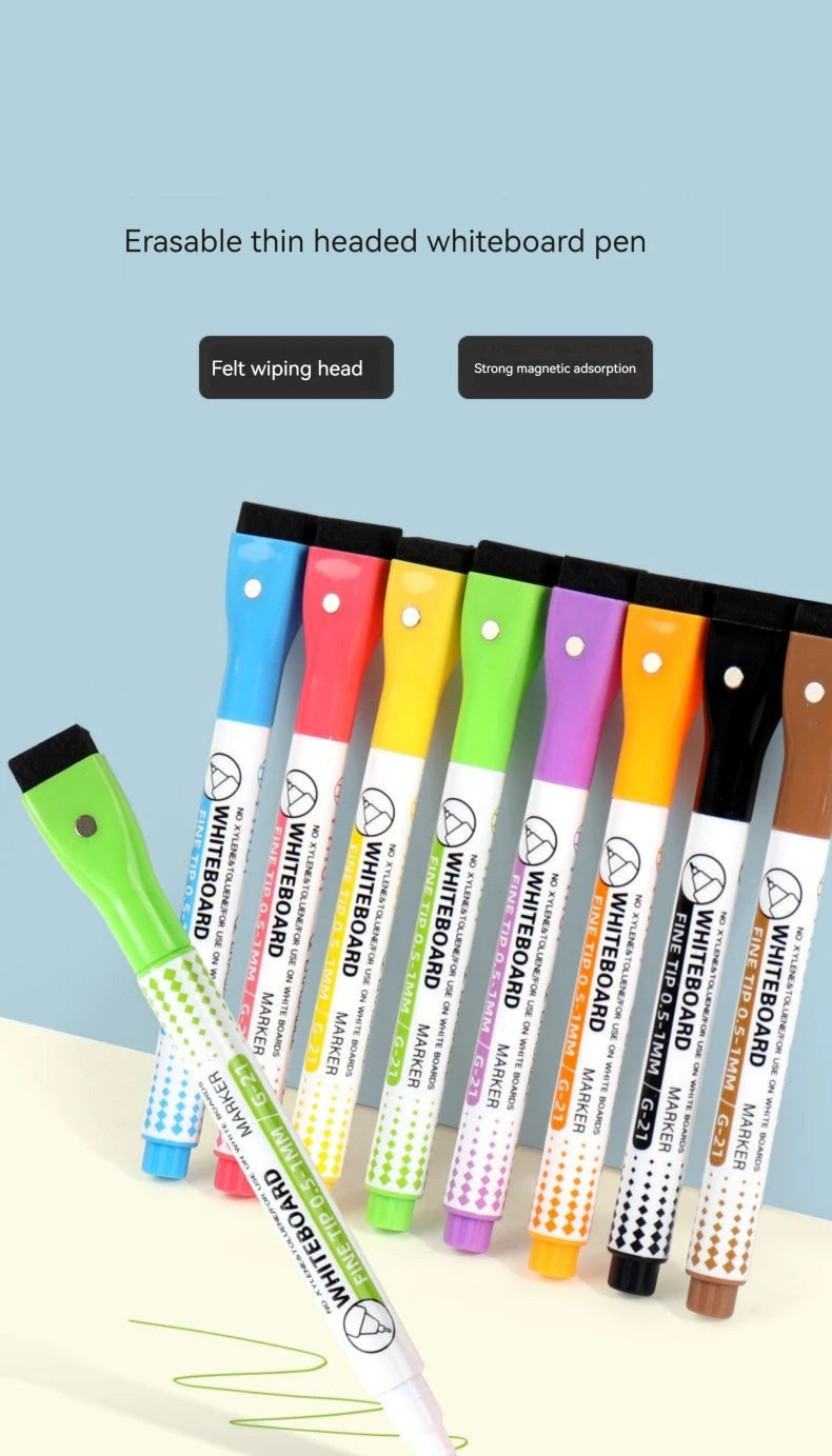 An assortment of eight white board pens with felt wiping heads and strong magnetic adsorption features.