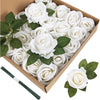 A box filled with 50 white artificial roses on green leaves, ready for DIY floral arrangements.
