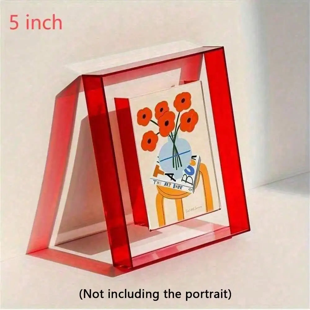 A red acrylic photo frame displaying a watercolor painting of orange flowers and text on a white background.