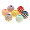 A collection of natural wooden checkered beads in various colors including purple, orange, yellow, and blue.