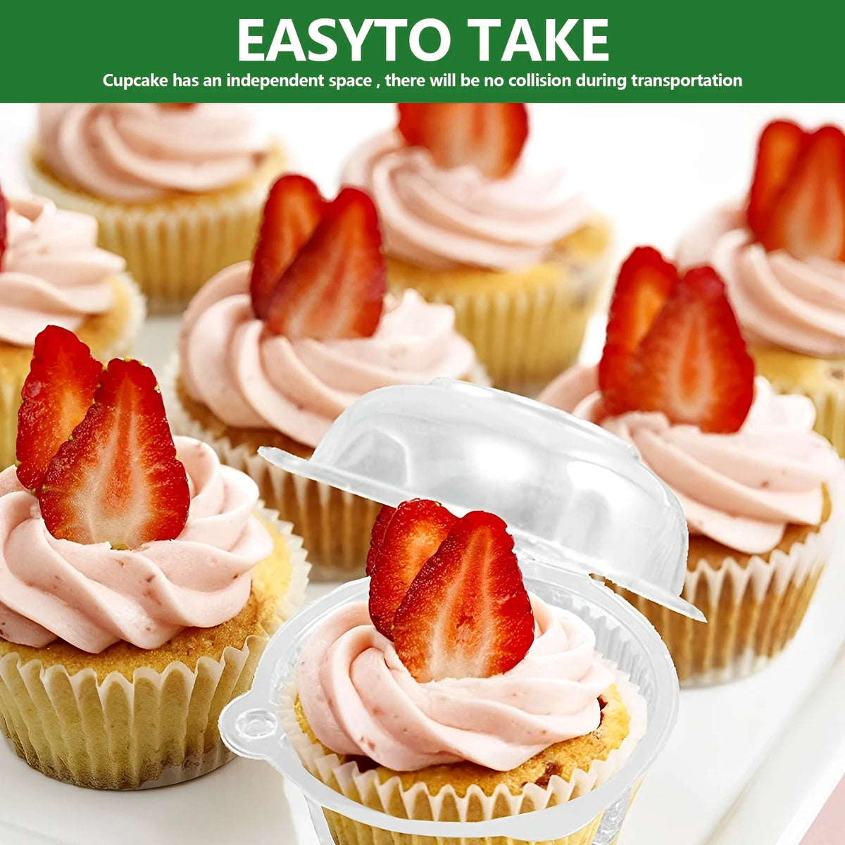 Pink frosting cupcakes in clear plastic boxes with lids for safe transportation