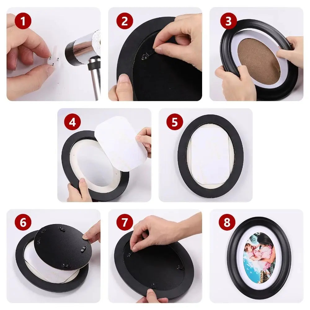 Step-by-step instructions showing how to assemble a classic solid wood oval picture frame for wall display.