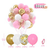 A bundle of 50 latex balloons in pastel purple, blue, and pink with gold confetti decorations.