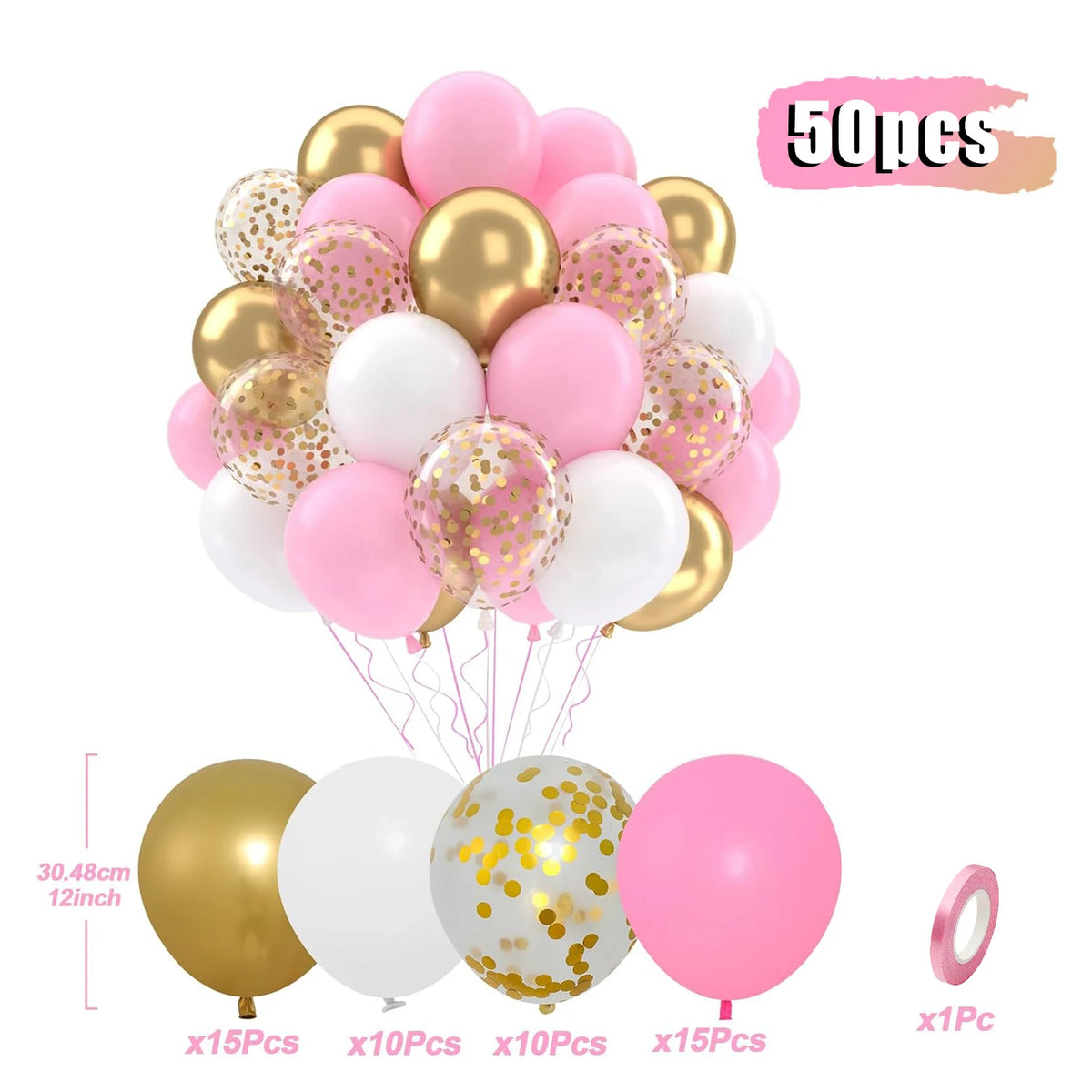 A bundle of 50 latex balloons in pastel purple, blue, and pink with gold confetti decorations.