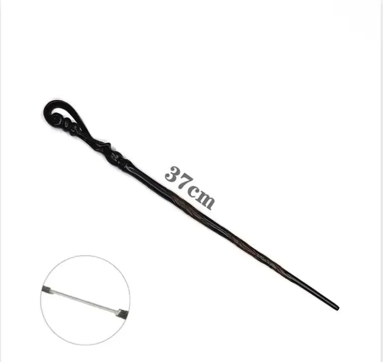 A dark, twisted metal magic wand with a pointed tip and a decorative spiral design.