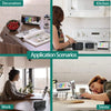 A rotatable projection alarm clock with a large LED display is shown in various application scenarios including decoration, k