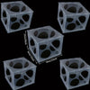 A set of clear plastic boxes with various hole patterns used for balloon sizing and party decor.