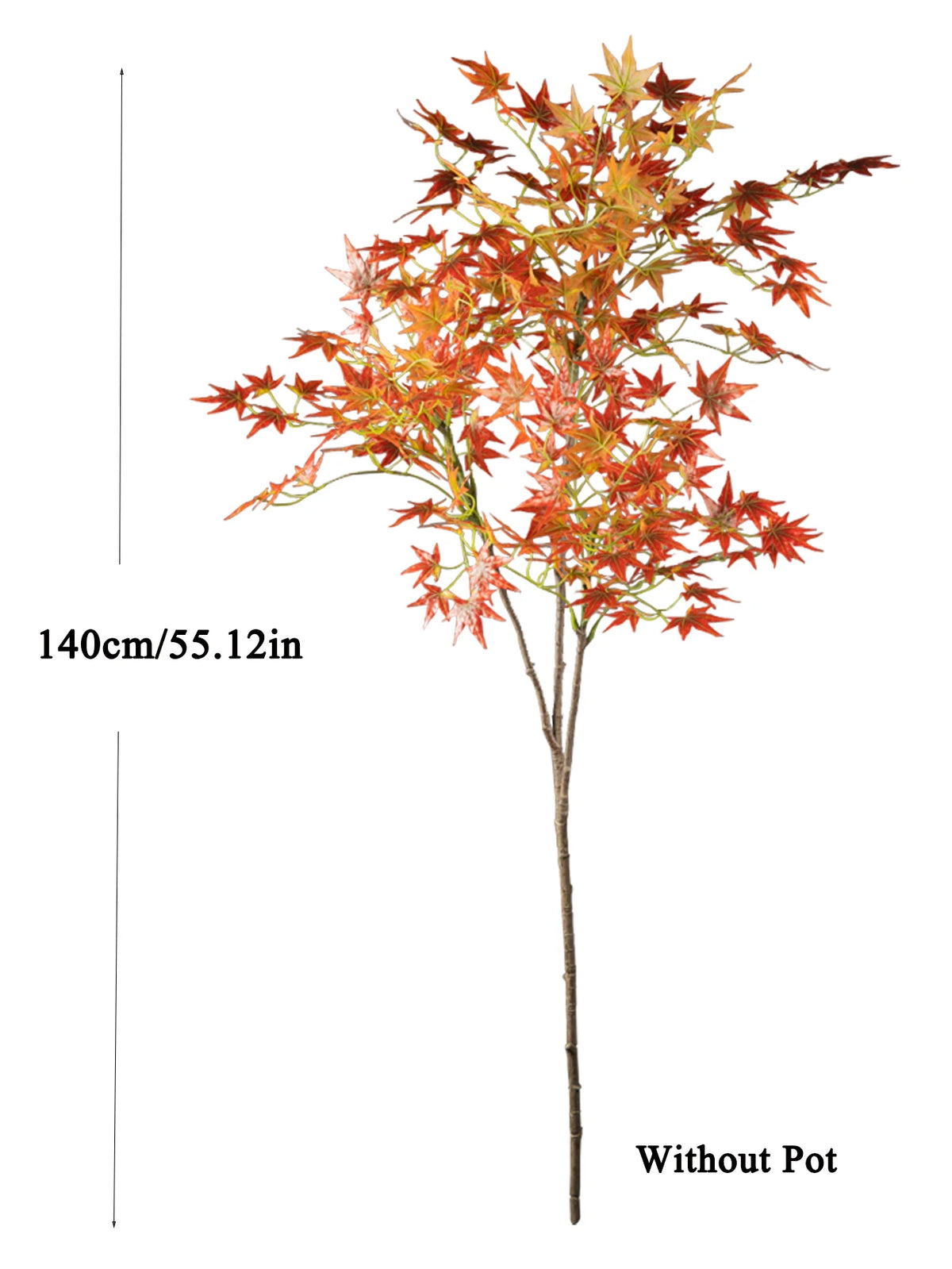 Artificial maple tree with reddish-orange silk leaves on a bare branch, 140cm tall, without a pot.
