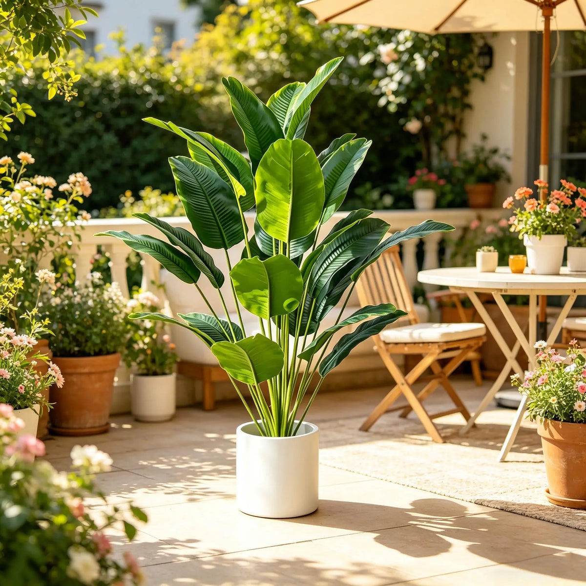 A vibrant green artificial Bird of Paradise plant in a white pot set on a patio table.