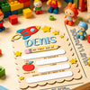A wooden sign for a child named Denis featuring elements like 'My First Day Of' and space for personal details.
