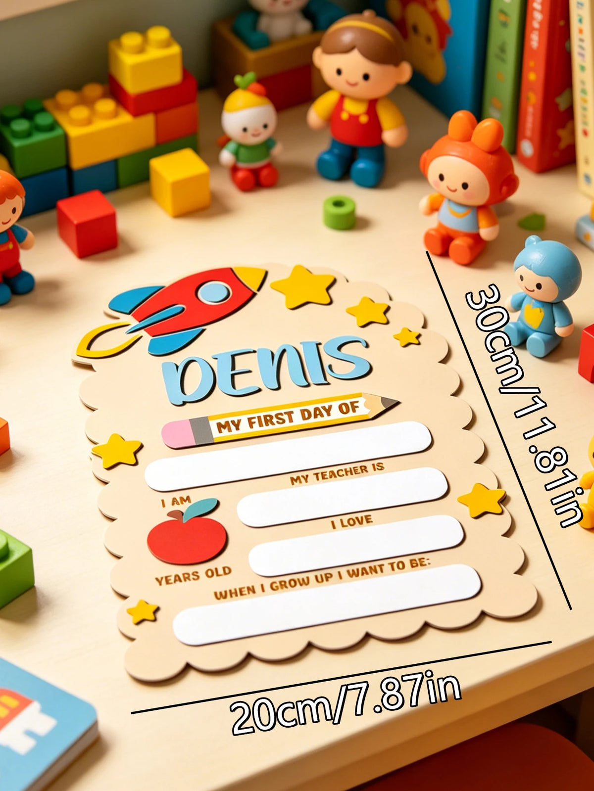 A wooden sign for a child named Denis featuring elements like 'My First Day Of' and space for personal details.