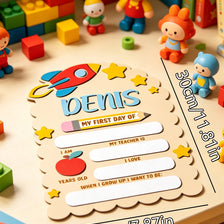 A wooden sign for a child named Denis featuring elements like 'My First Day Of' and space for personal details.