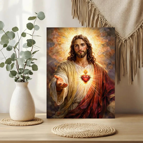 A painting depicting the Sacred Heart of Jesus with a radiant halo and flowing robes.