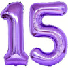 A purple foil number balloon shaped like fifteen for a birthday or anniversary celebration.