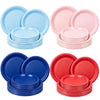 A set of solid color disposable paper plates in light blue, pink, and red.