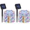 Two round bundles of colorful fairy lights are shown next to two solar panels for outdoor garden décor.