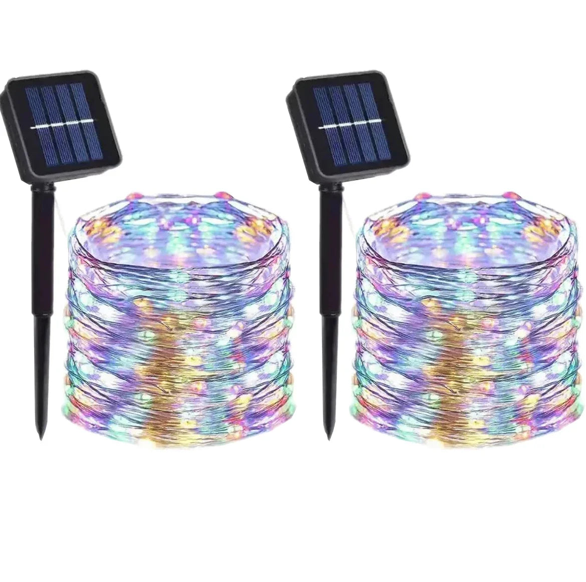 Two round bundles of colorful fairy lights are shown next to two solar panels for outdoor garden décor.