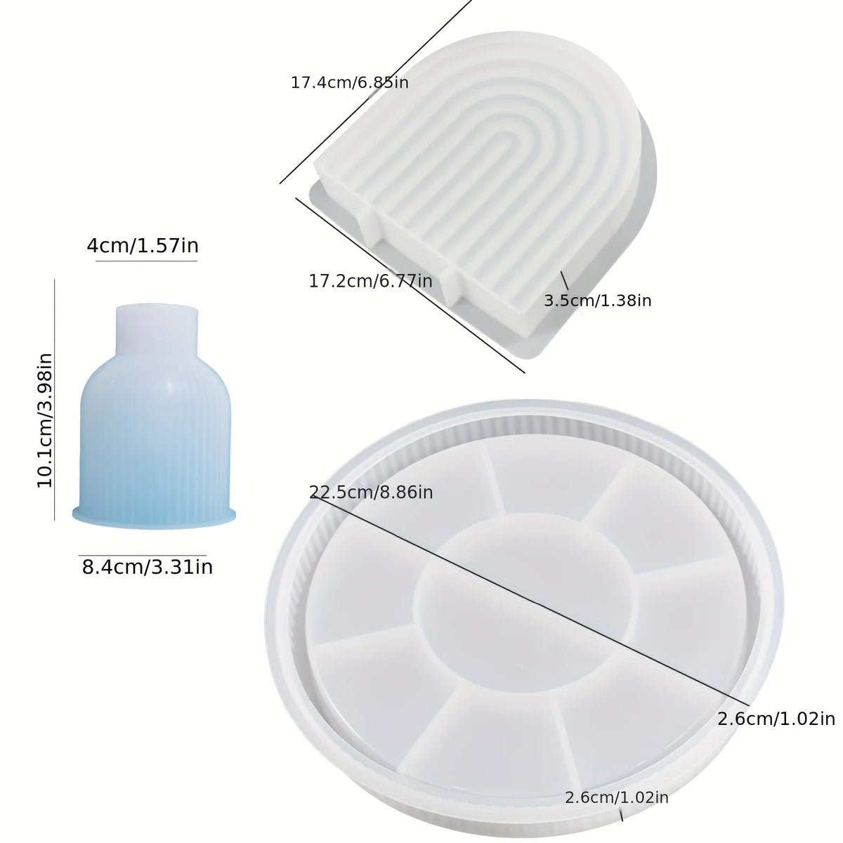 A silicone mold for crafting, showing a round tray with multiple depressions and a separate vase-shaped mold.