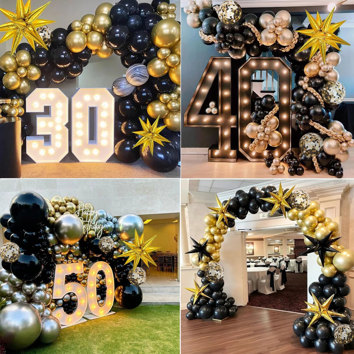 A black and gold confetti balloon garland arch display for a celebration.