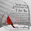 Heart-shaped acrylic plaque with a red bird design and a loving message to the recipient
