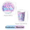 A set of 10 plates and 10 paper cups featuring a happy birthday design with pink and purple colors.