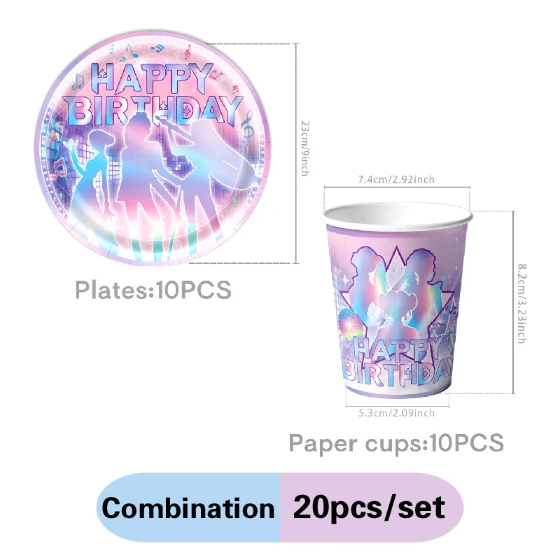 A set of 10 plates and 10 paper cups featuring a happy birthday design with pink and purple colors.