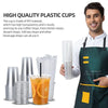 A man holds a clear plastic cup and straw, with various disposable plastic cups displayed in the background.