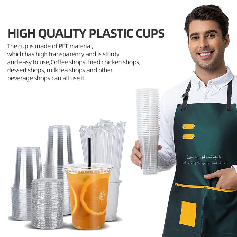 A man holds a clear plastic cup and straw, with various disposable plastic cups displayed in the background.