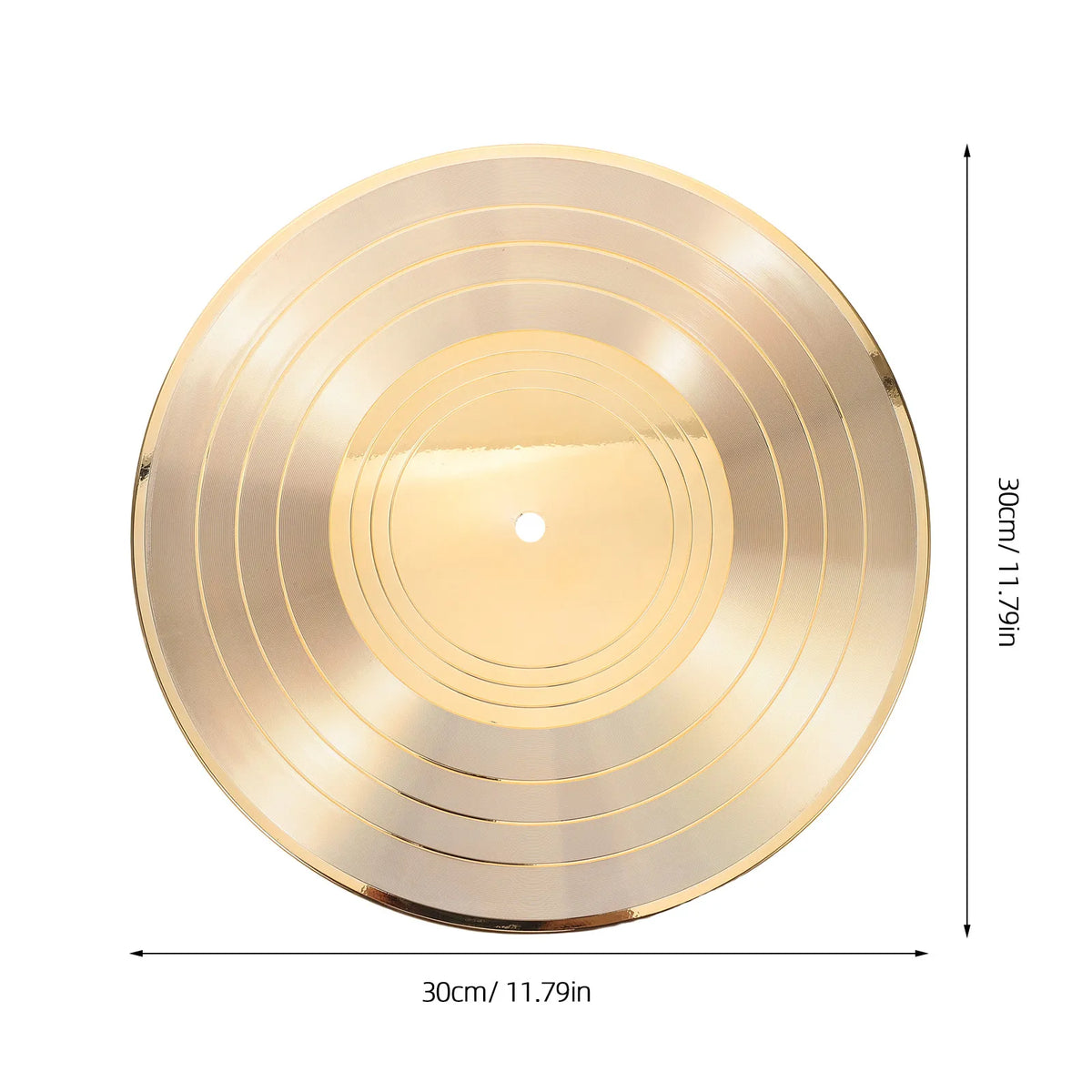 Round gold vinyl record wall clock with concentric grooves and a central light