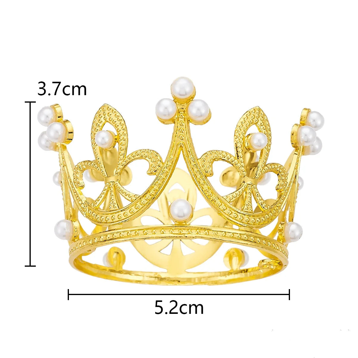 A gold-colored crown with pearl accents, measuring 3.7cm high and 5.2cm wide.