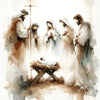 Watercolor painting depicting shepherds and Jesus in a biblical scene.