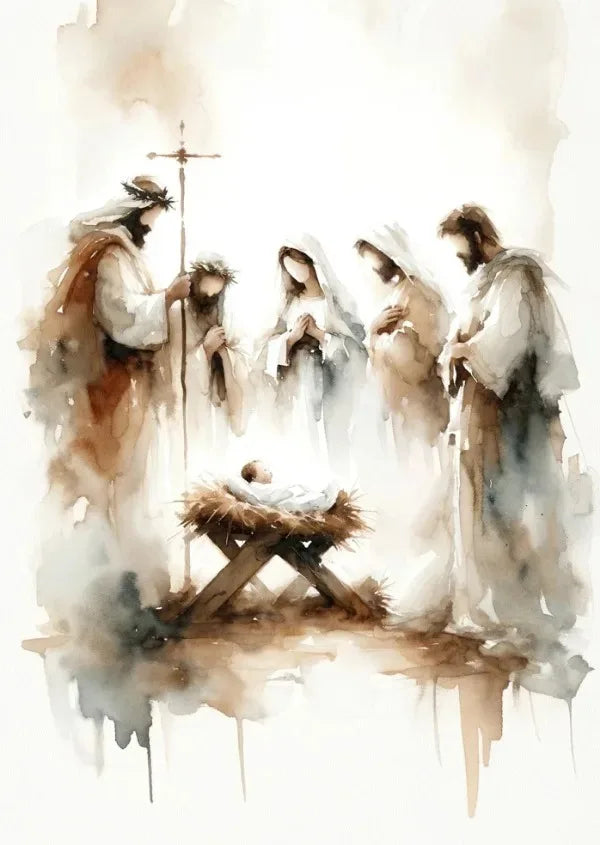 Watercolor painting depicting shepherds and Jesus in a biblical scene.
