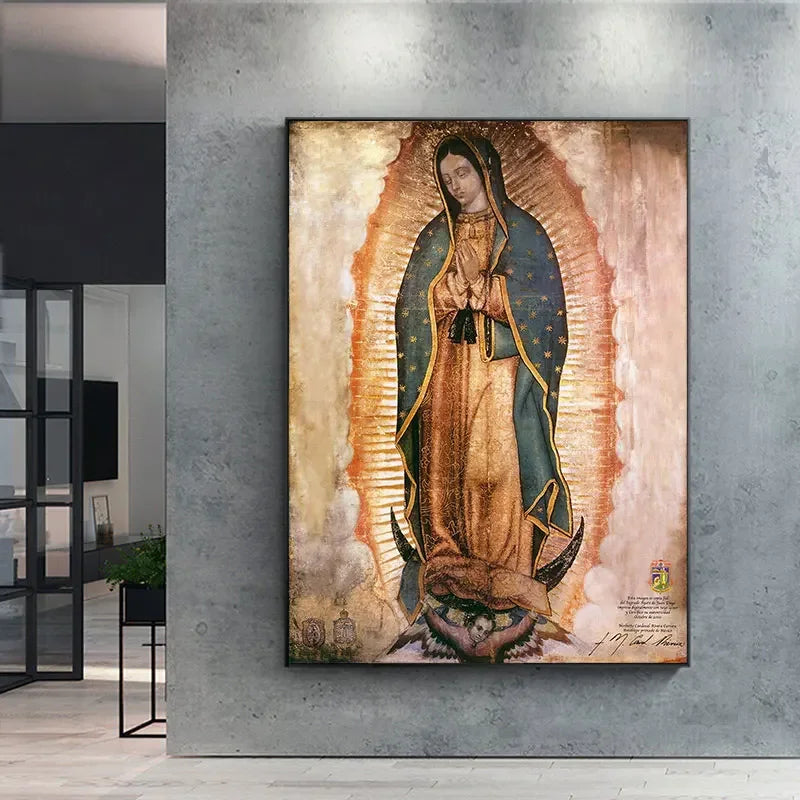 Canvas wall art depicting Our Lady of Guadalupe in a golden halo against a muted background.