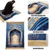 A collection of prayer rugs featuring blue and gold patterns, velvet fabric, and durable materials.
