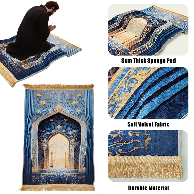 A collection of prayer rugs featuring blue and gold patterns, velvet fabric, and durable materials.