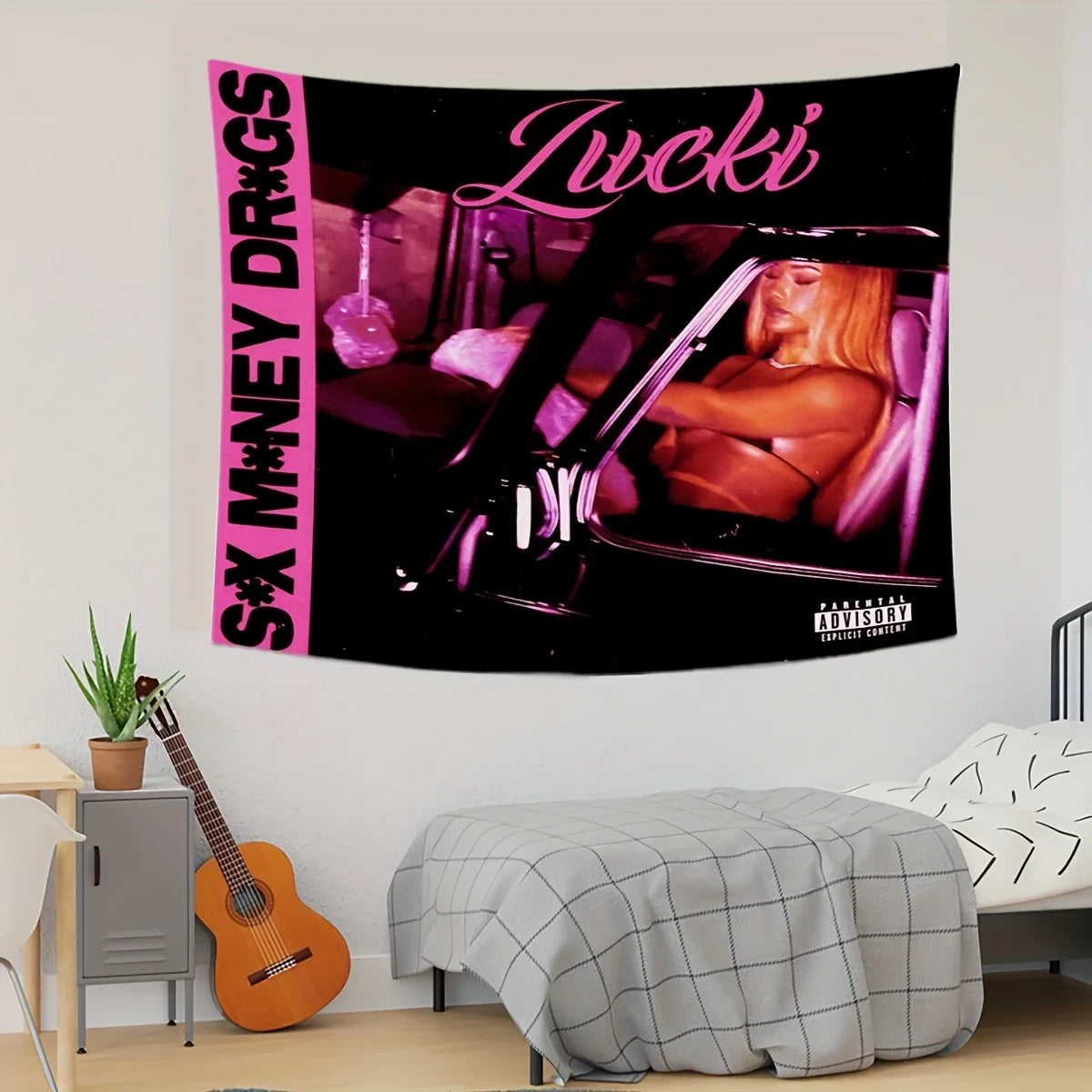 A black tapestry featuring the text Lucki and an image of a woman in a car with pink lighting.