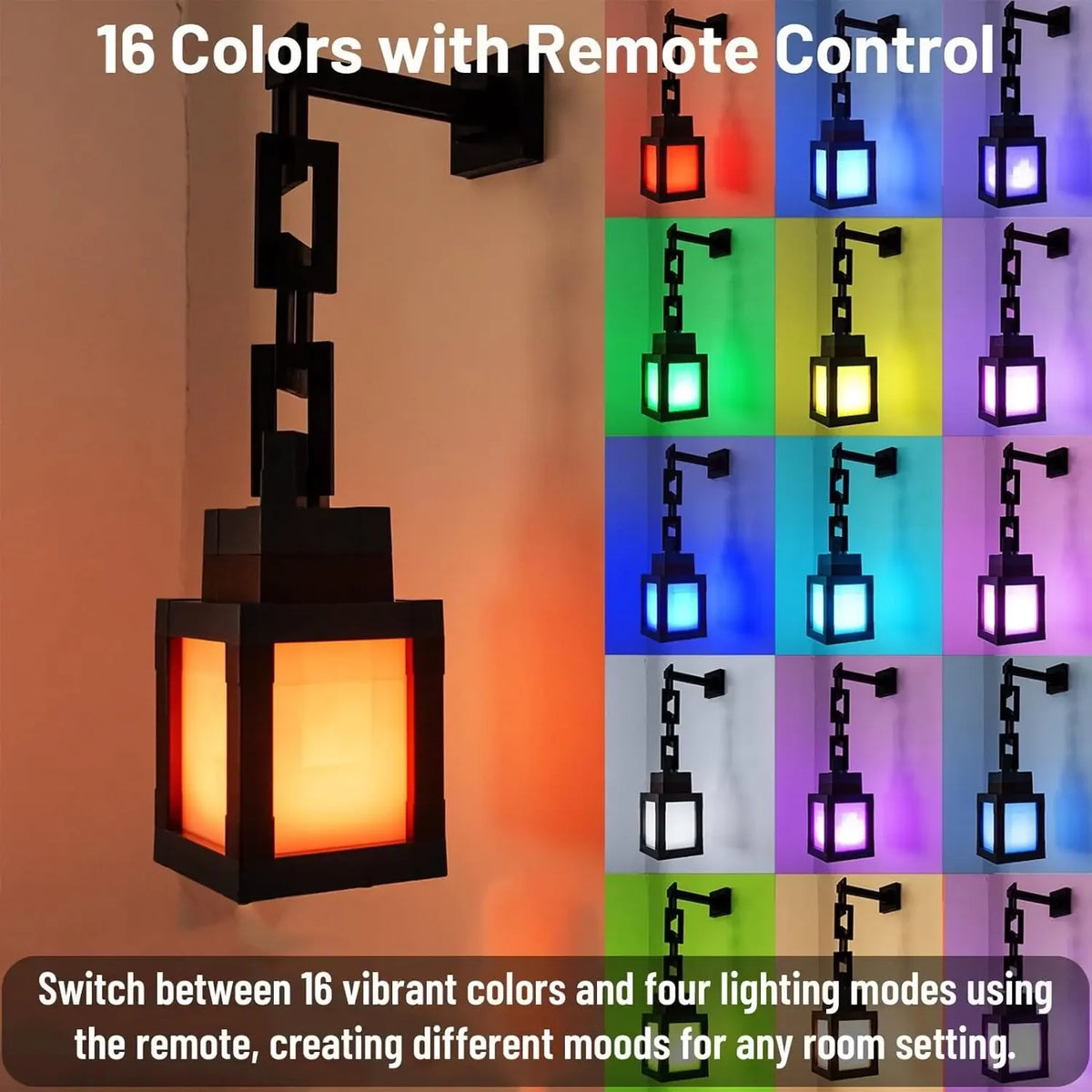 A black pixel lantern night light with an adjustable arm displays 16 vibrant colors controlled by a remote.