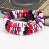 A set of patriotic American flag beaded stretch bracelets featuring red, white, and blue beads.