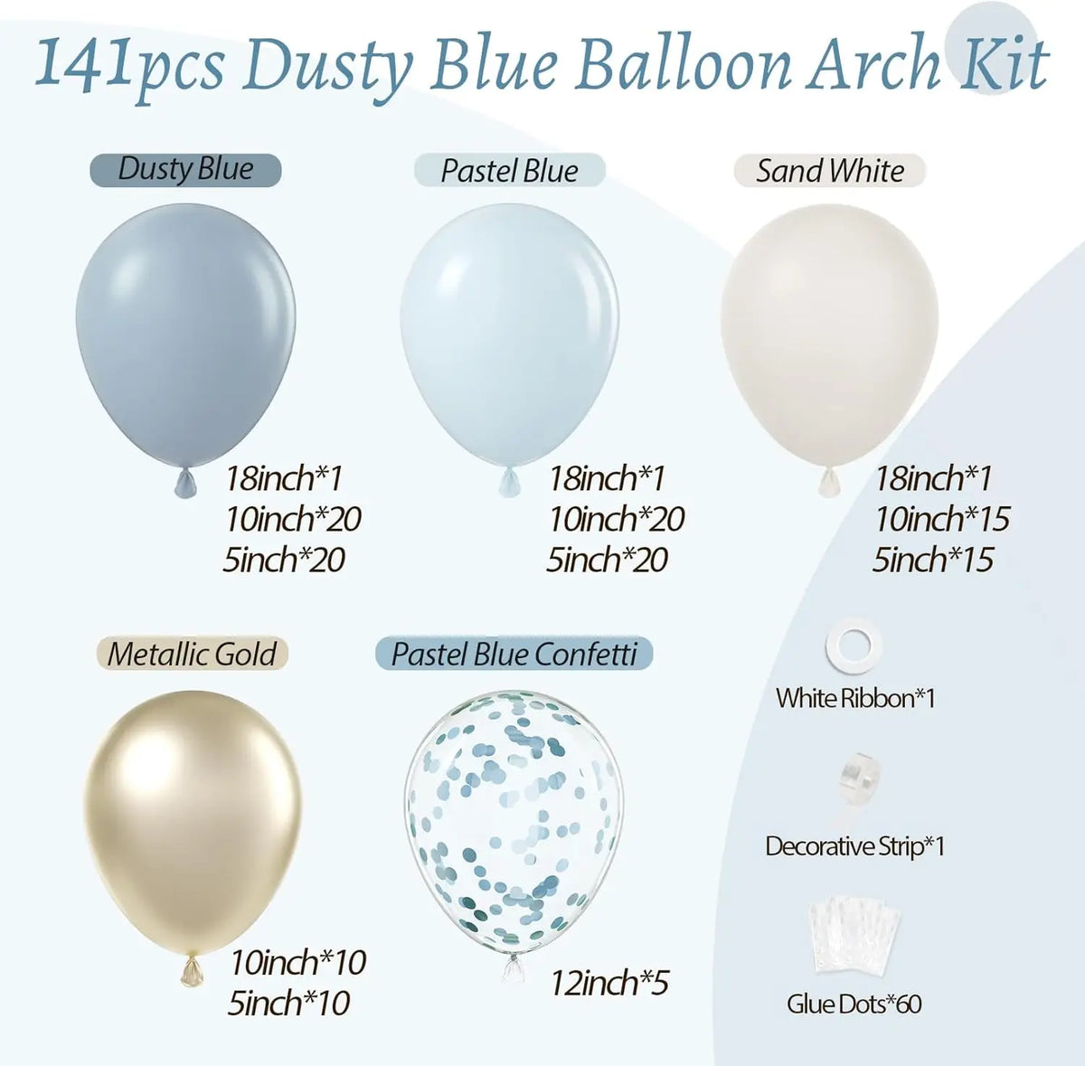 Kit de 141 globos azul empolvado en varios tamaños y colores, incluyendo azul pastel empolvado y blanco arena.