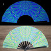 A UV fluorescent folding fan displayed in two views, showing its iridescent colors and fan structure.