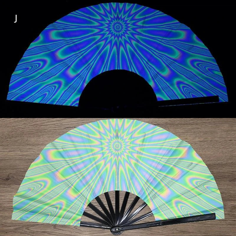 A UV fluorescent folding fan displayed in two views, showing its iridescent colors and fan structure.