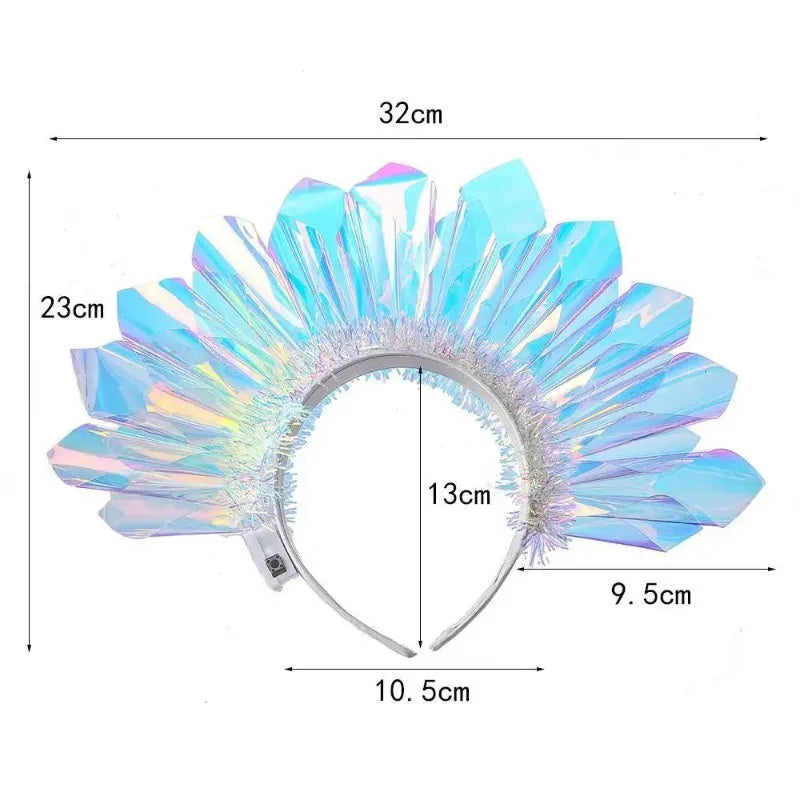 A light blue, iridescent LED glowing headband with a fan-like structure for parties and cosplay.